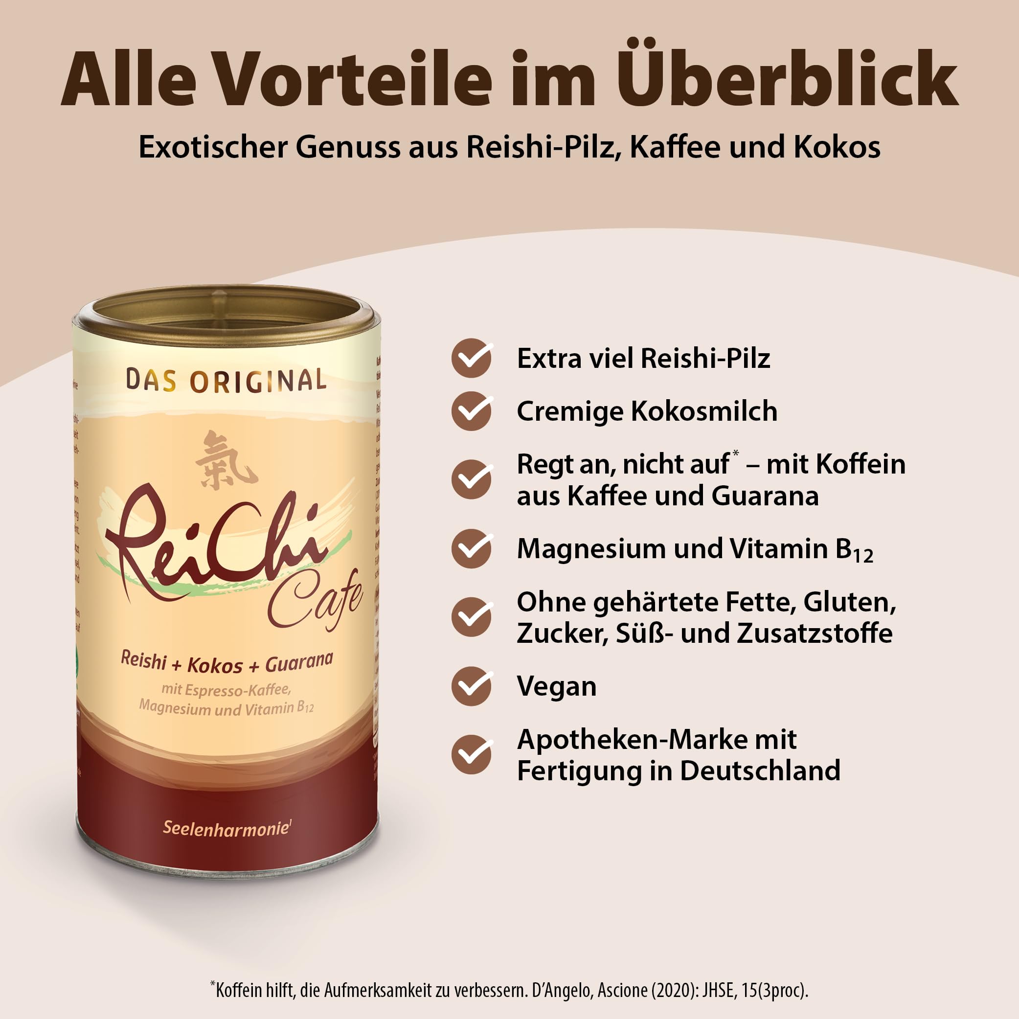 Veganer ReiChi Cafe von Dr. Jacob's I mit Reishi-Pilz I Guarana, Ginseng Extrakt I mit Magnesium, Vitamin B12, löslicher Kaffee I Vitalpilz Rei-Chi Kaffee 180 g Dose I 36 Tassen 2