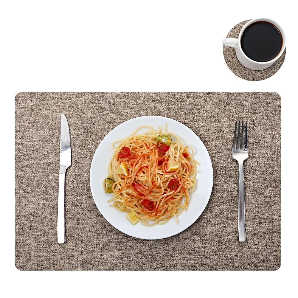 Leather Placemats and Coaster Sets 6, Large Table Mats, Waterproof & Heat Resistant Place Mats(Brown)
