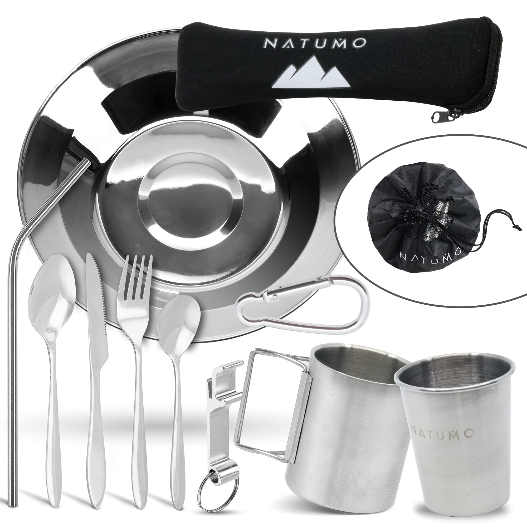 Natumo Camping Cutlery Set for 1 with Camping Bowl, Camping Mug with Lid, Bottle Opener, Straw - Lightweight Stainless Steel Camping Utensil Set