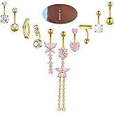 BSJ4U Gold Silver Belly Button Ring Belly Rings for Women Belly Button Piercing 14G Surgical Stainless Steel Dangle Flower Pink Heart Opal Navel Belly Piercing Jewelry Clicker Belly Button Jewelry