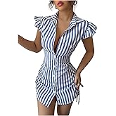MakeMeChic Women's Striped Button Down Shirt Dresses Ruffle Short Sleeve Collared Mini Dress