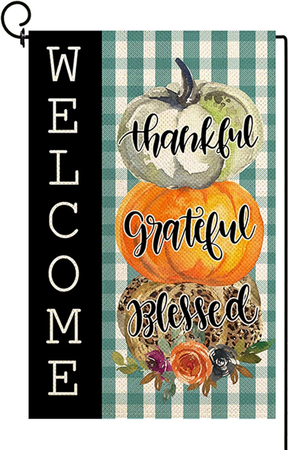 Flags - Baccessor Thankful Grateful Blessed Garden Flag Double Sided, Fall Thanksgiving Pumpkins Welcome Buffalo Plaid Yard Autumn Holiday Farmhouse Outdoor Outside Decoration 12x18 Inch