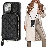 Bocasal Crossbody Wallet Case for iPhone 15, RFID Blocking PU Leather Zipper Handbag Purse Flip Cover, Kickstand Folio Case with Card Slots Holder Wrist Strap Lanyard 5G 6.1 Inch (Black)