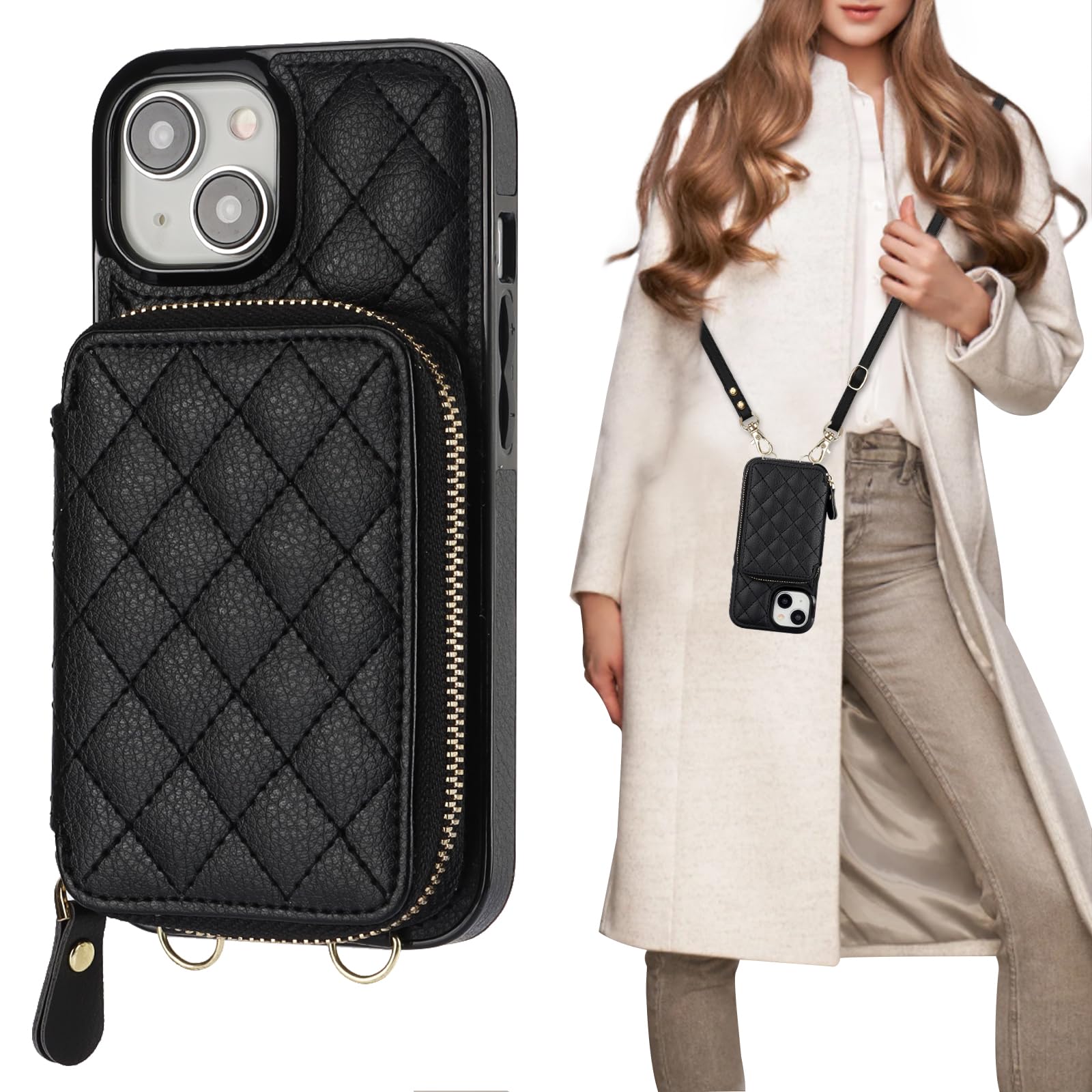 Photo 1 of Bocasal Crossbody Wallet Case for iPhone 15, RFID Blocking PU Leather Zipper Handbag Purse Flip Cover, Kickstand Folio Case with Card Slots Holder Wrist Strap Lanyard 5G 6.1 Inch (Black)