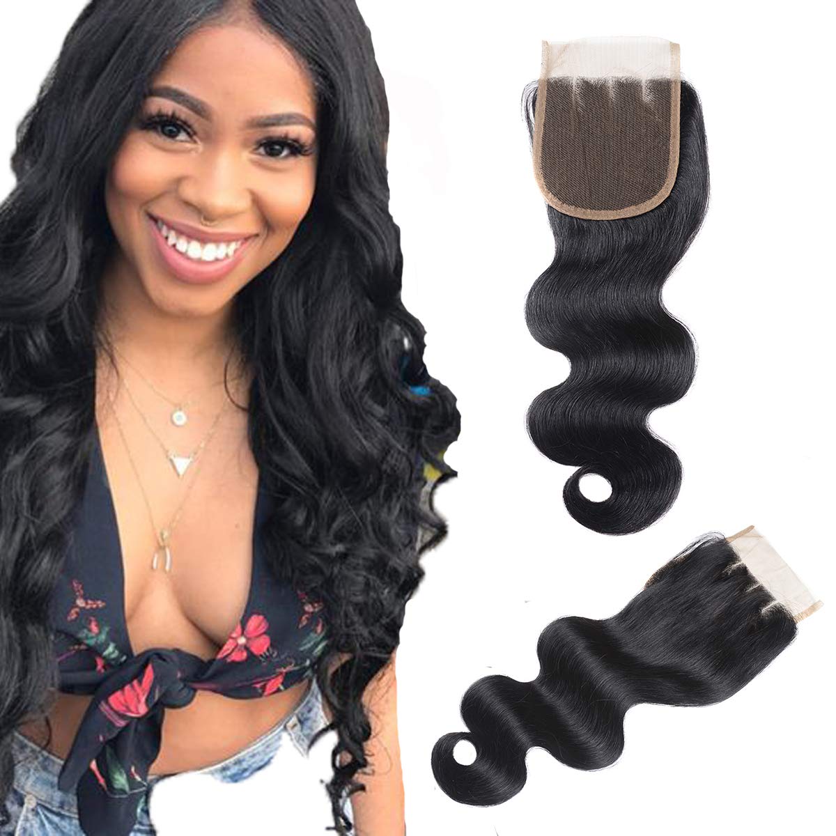 Brazilian Virgin Human Hair Lace Closure Body Wave 4x4" Three Part Top Lace Closure 100% Human Hair Weave - Natural Black Color (20Inch, 4x4 Three Part)