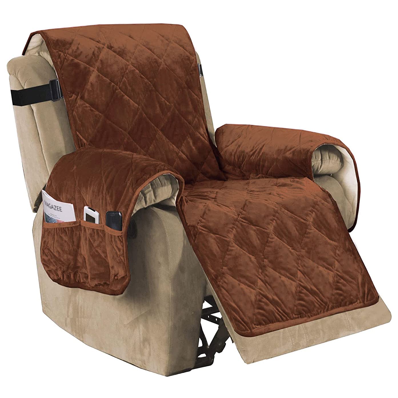 Luxury Velvet Plush Large Width Recliner Chair Cover with Straps Three Pockets, Dog Couch Covers for Armchair Seat Width Up to 28", Living Room Slipcover, Corner Sofa Protector (Caramel Brown)
