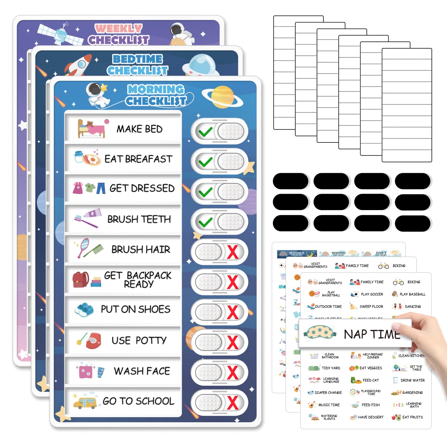 Photo 1 of 3 in 1 Bedtime/Morning/Weekly Astronaut Routine Chart for Kids, Magnetic Chore Chart for Toddlers, Visual Schedule for Kids Toddlers Schedule Board for Home