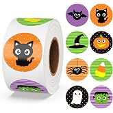 500 PCS Halloween Stickers Roll,Halloween Pumpkin Bat Spider Spiderwebs Black Cat Stickers Roll,8 Vibrant Colors and Designs,Envelope Seals, Round Seal Label Stickers for Halloween Party Decorations