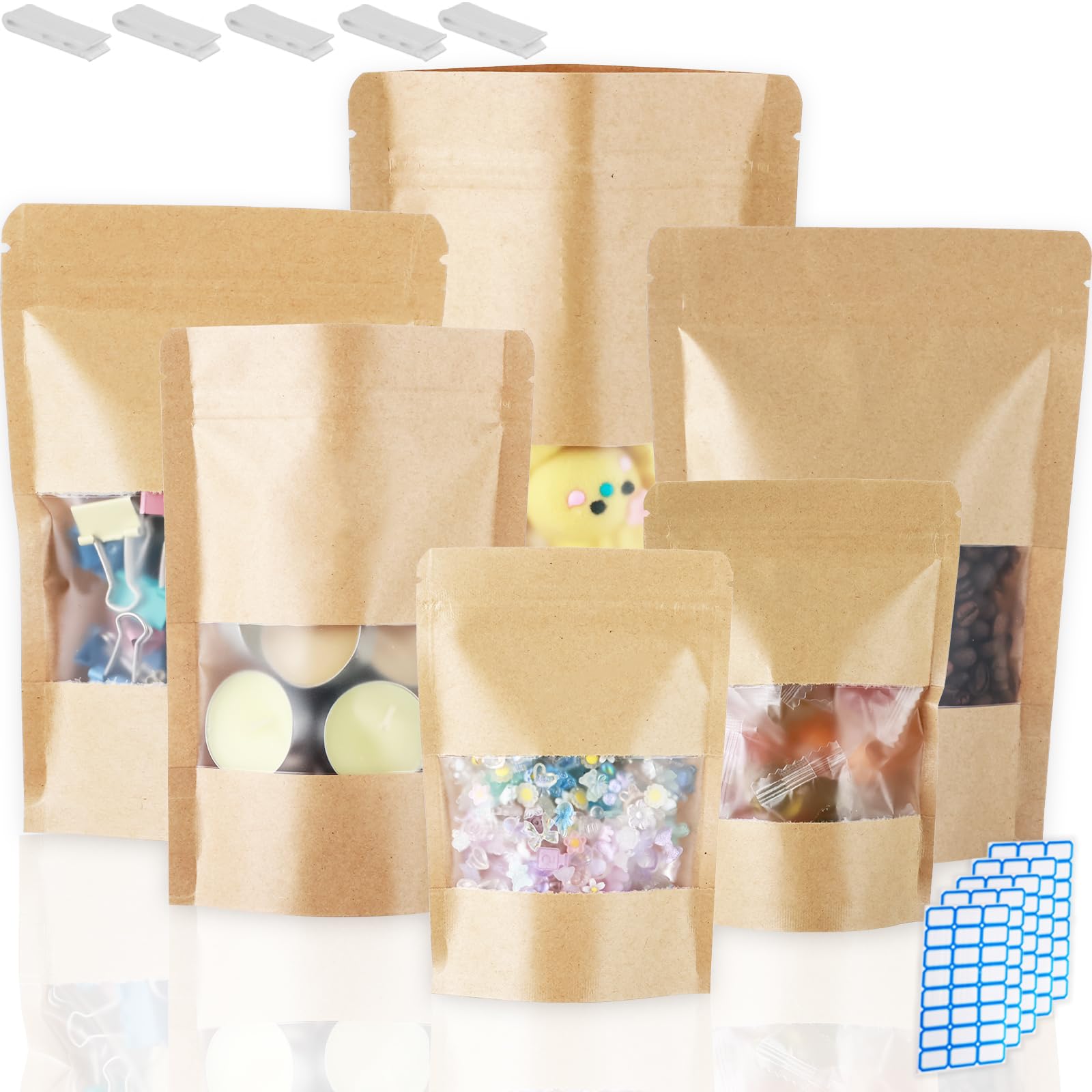 Photo 1 of 150 Kraft Mylar Bags for Food Storage 6X9 Mylar Bags with Window Candy Packaging Resealable Bags Reclosable Small Stand Up Pouches Edible Packaging, Kraft Paper Bags for Small Business