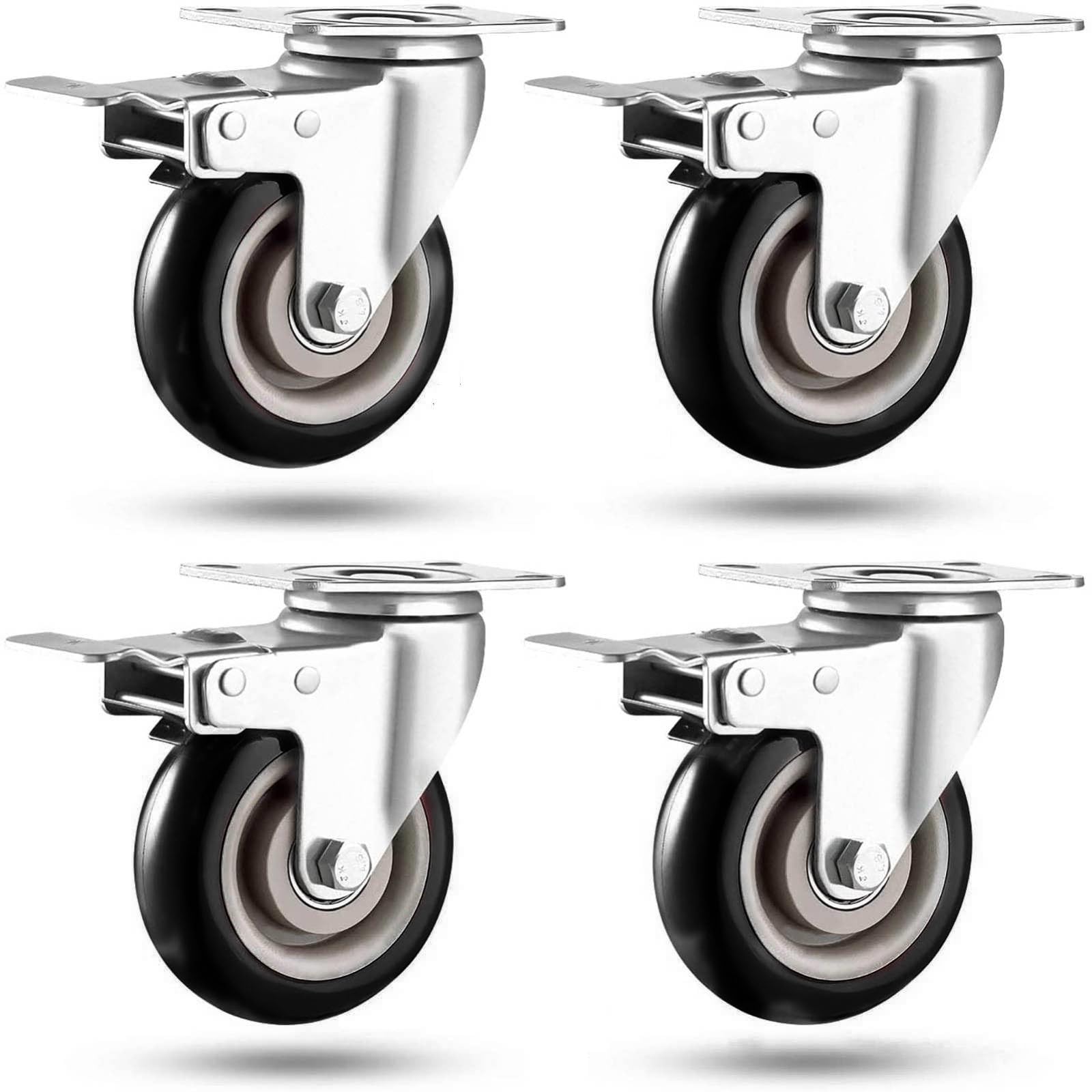Himimi 3 '' 4 pieces 75mm swivel castors furniture casters shopping cart castors wheels with brakes transport castors heavy duty castors, load capacity 400kg (Black)