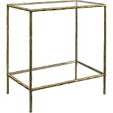 BEGINS Hand Forged Side Table 2 Tier, Vintage End Table Glass Top Coffee Table, Accent Table with Solid Hammered Frame, Suitable for Living Room, Bedroom, Study Room, Entryway (Gold, Rectangle)