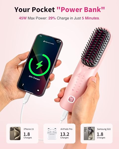 CORDLESS HAIR STRAIGHTENER BRUSH – PORTABLE HAIR STRAIGHTENING BRUSH FOR TRAVEL – 300M NEGATIVE IONS FOR FRIZZ-FREE SHINE, TOUCH UP ON-THE-GO, FAST HEATING, GIFT FOR WOMEN, 10,000MAH, POWDER PINK