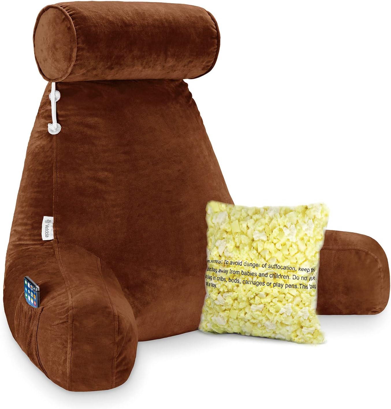 Vekkia Premium Soft Reading & Bed Rest Pillow with Higher Support Arm, Pocket, Free Neck Pillow. Back Support for Reading/Relaxing/Watching TV - Extra Foam Incl-24” Velvet(Cover): Home & Kitchen