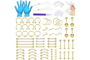 JIESIBAO 100PCS Piercing Kit,12G 14G 16G Piercing Needles Clamps for Nose Septum Belly Button Lip Tongue Eyebrow Cartilage Ear Tragus Helix Daith Piercing Tool Kit Gold