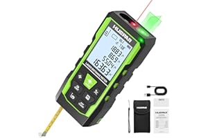 Huepar 3‑in‑1 Laser Measurement Tool + Green Cross Laser Lines + 6.5 ft Tape Measure, Voice Broadcast, 165 ft Rechargeable La