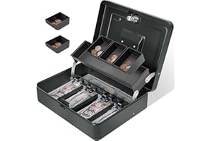Sgorlds Cash Box Key Lock on Top, Large Locking Cash Boxes with Key Lock and Money Tray, Money Box with Cash Tray, Portable Safe Box for Office Business,Steel Money Saving Organizer,Black Grey