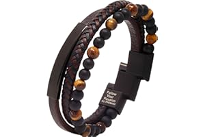 KC Premium Leather Beads Bracelet Men Engraved Inspirational Adjustable Magnetic Clasp Steel Wristband Braided Cuff Tiger-Eye Lava Rock Beaded Stone Bangle Gift for Him Black Brown Blue Silver