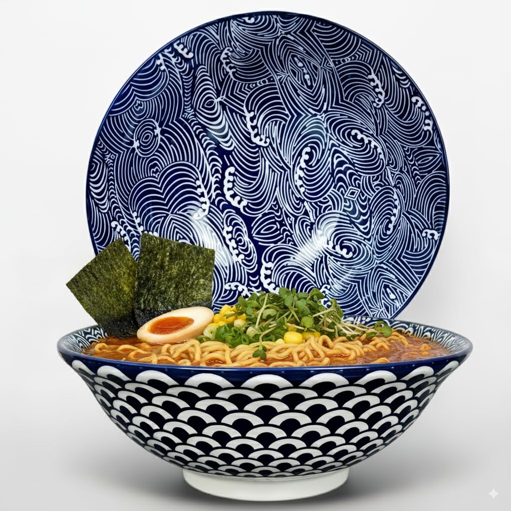 Urban Lifestyle Seigaiha Large 8" Ceramic Ramen Bowl Set of 2, 33-35 oz (800-1000 ml) - Japanese-Style Multi-Use Bowls for Soup, Salad, Pho, Pasta & Cereal
