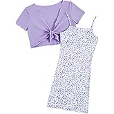 OYOANGLE Girl's 2 Piece Outfits Floral Print Sleeveless Cute Cami Dresses and Short Sleeve Lettuce Trim Tie Front Top Sets