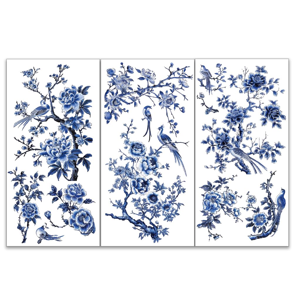 OLYCRAFT 3pcs/Set Blue Flower Rub on Transfers for Furniture and Crafts 15x30cm Blue Bird Decor Transfer Stickers Landscape Rub on Decals for Wood Furniture Scrapbooking Home Decorations