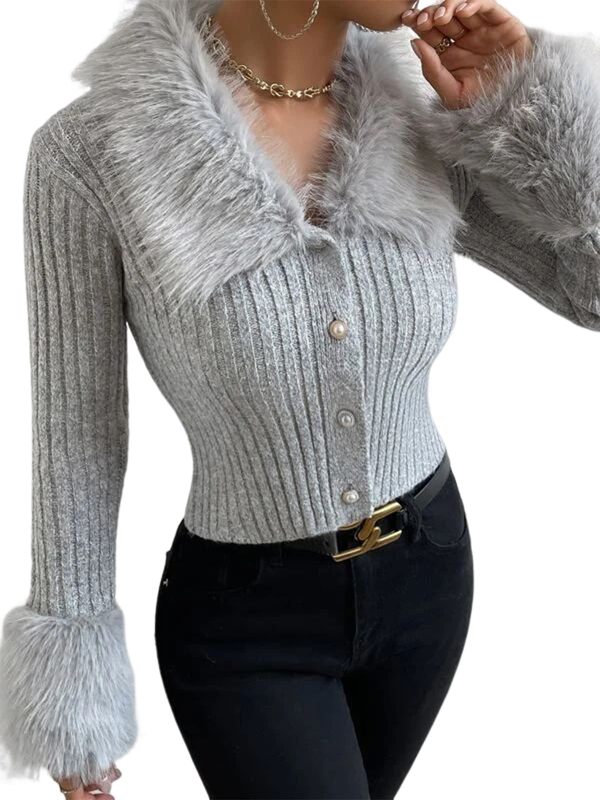 Photo 1 of Women's Long Sleeve Button Down Sweater Casual Lightweight Soft Ribbed Knit Cardigan Sweater Outerwear Grey