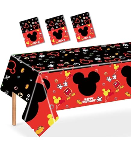 Obumi Cartoon Mouse Birthday Tablecloth - 3 Pack, 86.6x51.2 Inches, Red & Black, For Kids Parties - View #8
