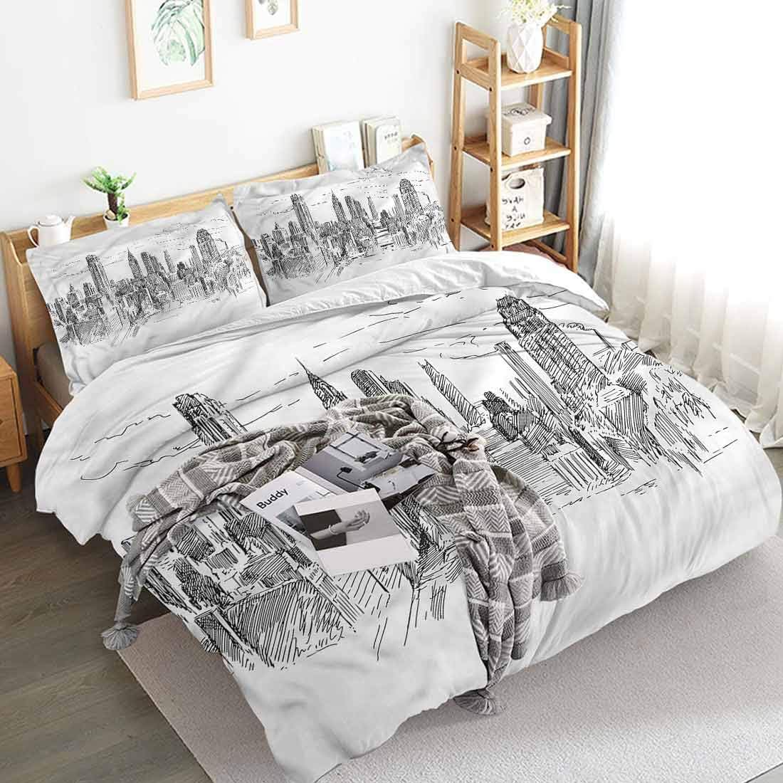 Aishare Store New York Duvet Cover 3 Piece Set, Sketchy NYC Cityscape, Ultra Soft Hypoallergenic Microfiber, Comforter Cover with Zipper Closure and 2 Pillow Shams, Full Size(80"x90")