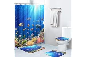 Britimes 4 Piece Shower Curtain Sets, with 12 Hooks, Nature Ocean Sea Turtle and Fish with Non-Slip Rugs, Toilet Lid Cover and Bath Mat for Bathroom Decor Set, 72" x 72"