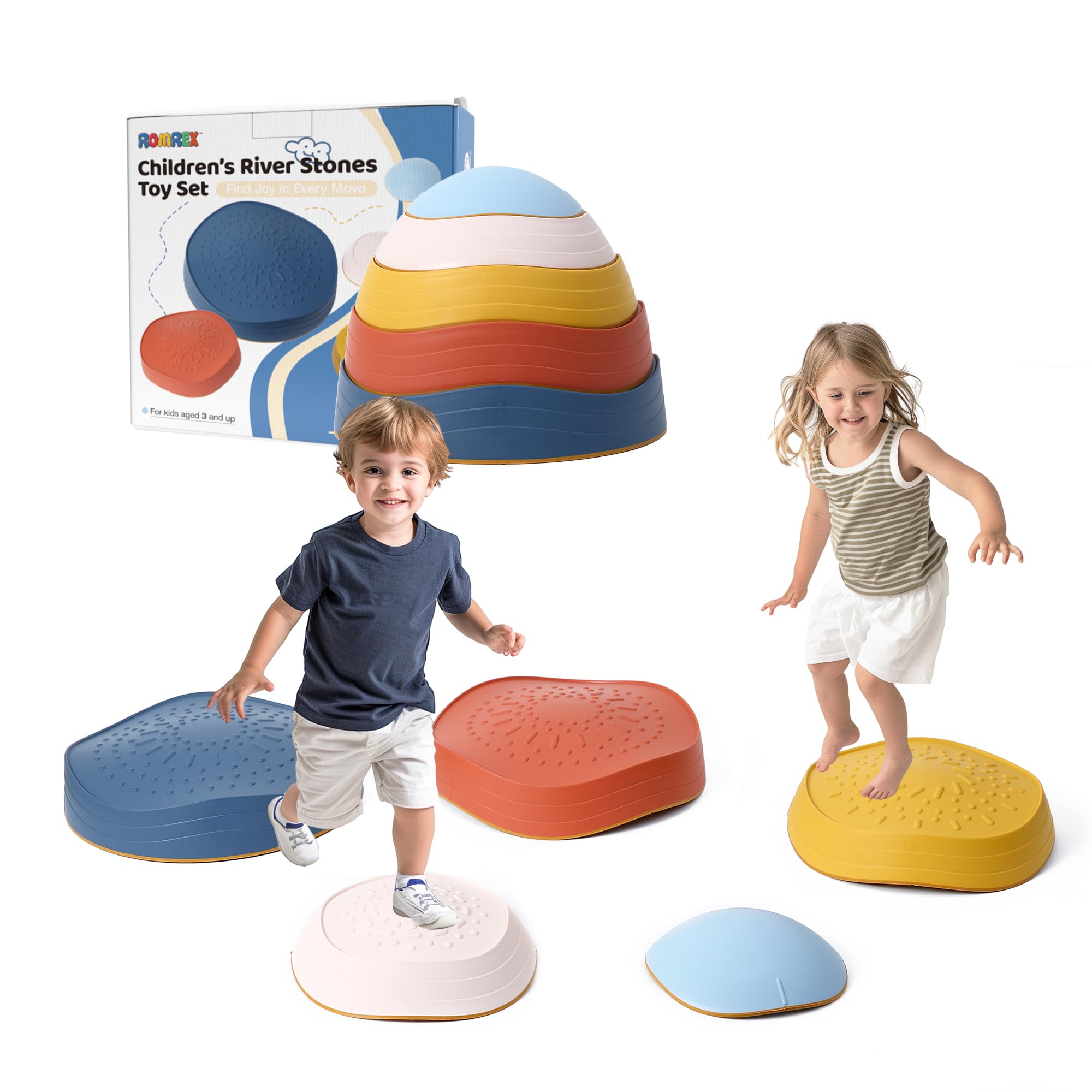 Photo 1 of Balance Stepping Stones for Kids - romrex 5pcs Vibrant and Nature-Themed Balance Stones to Encourage Toddler Balance & Gross Motor Skills with Rubber Bottom and Embossed Surface