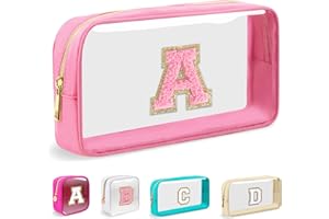 Iqimott Mini Clear Personalized Initial Makeup Bag, Nylon Preppy A-Z Chenille Letter Patch Zipper Cosmetic Bag, Small Cute Po