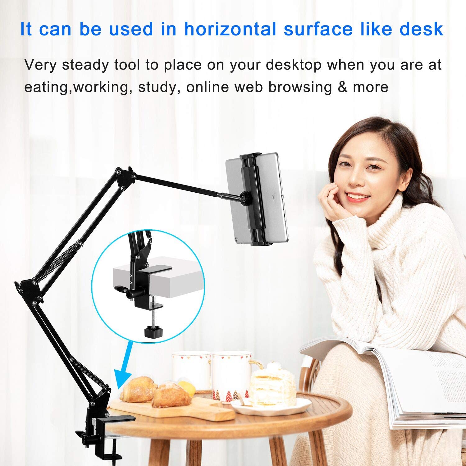 Tablet Stand Adjustable,Foldable Arm Stand for Bed,Aluminum Universal Flexible Tablet Holder with 360 Degree Rotation Compatible with iPad/iPhoneX/iPad Pro/N-Switch,or Other 4.5~12.9 Inches Devices