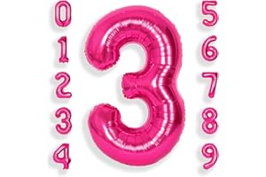 SUWEN 40 Inch Hot Pink Large 3 Number Balloons Big Foil Helium Number Balloons 0-9 Jumbo Happy 3rd Mylar Birthday Party Decorations for Girl Anniversary Party Supplies