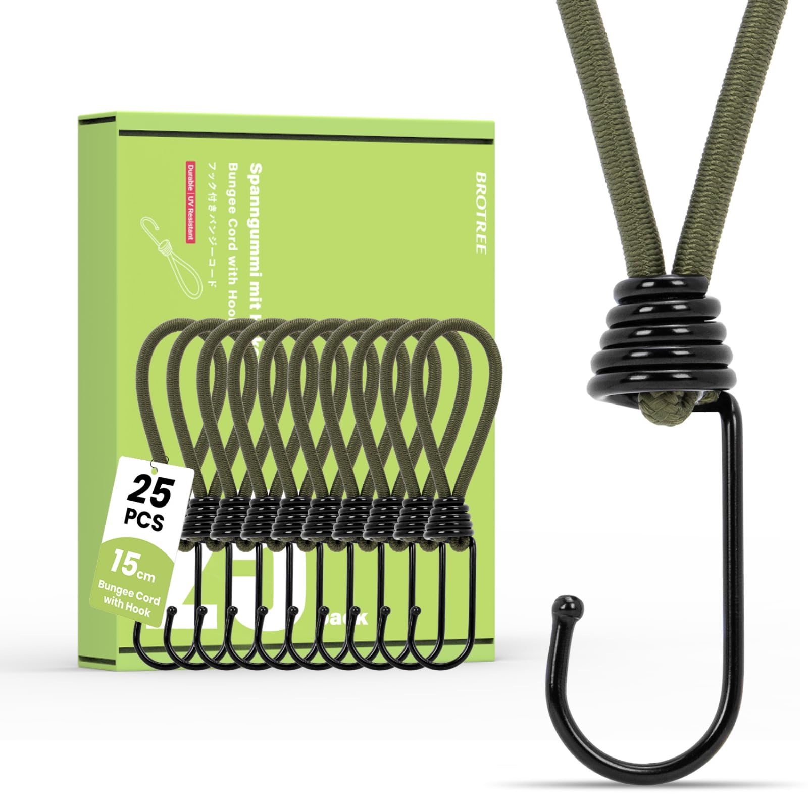 Brotree Bungee Cords with Hooks 25 Pack 15cm Bungee Hooks Small Bungee Rope with Hooks for Tarpaulins, Tents, Tarp and Fixing - Army Green