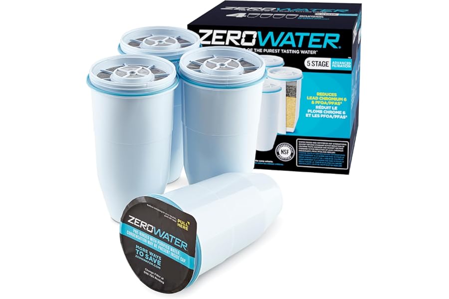 ZeroWater Official Replacement Filter - 5-Stage 0 TDS Water Filter Replacement IAPMO Certified to Reduce Lead, Chromium, and PFOA/PFOS 4-Pack