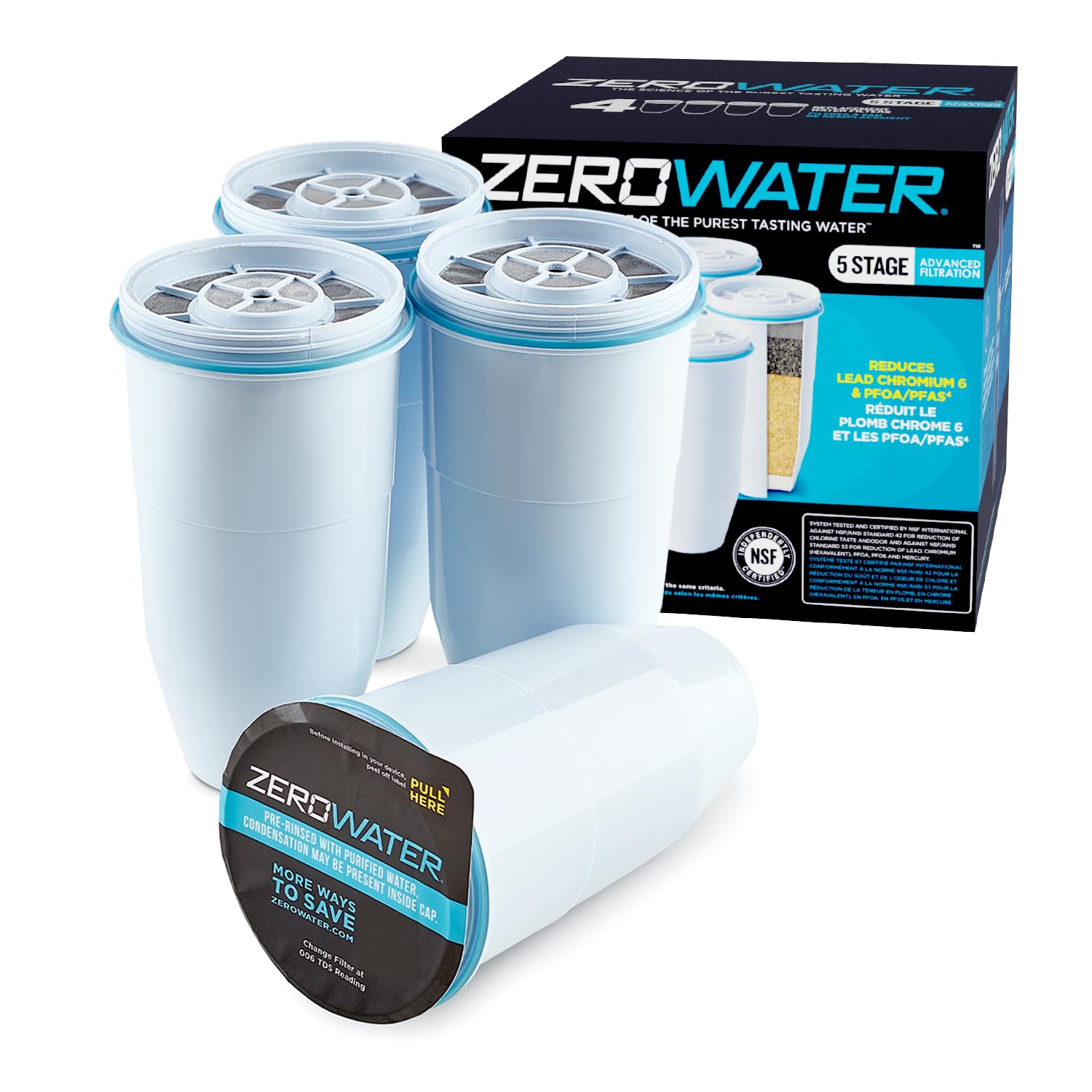 Photo 1 of ZeroWater Official Replacement Filter - 5-Stage 0 TDS Water Filter Replacement IAPMO Certified to Reduce Lead, Chromium, and PFOA/PFOS 4-Pack