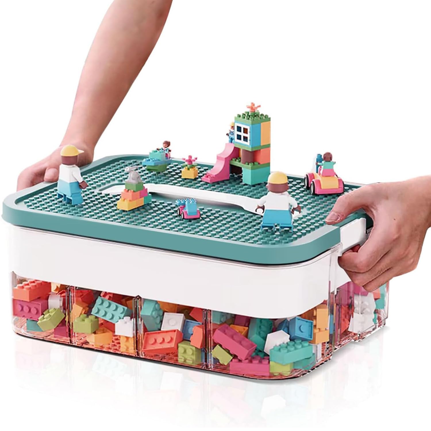 Storage Boxes,Kids Toy Lego Box,Stackable Toys Organizer with Lid,Handle,Plastic Multi Compartment Containers Chest Case for Storing Toys,Jewelry,Beads,Crafts,Tools,Building Blocks (1-Tier Green)