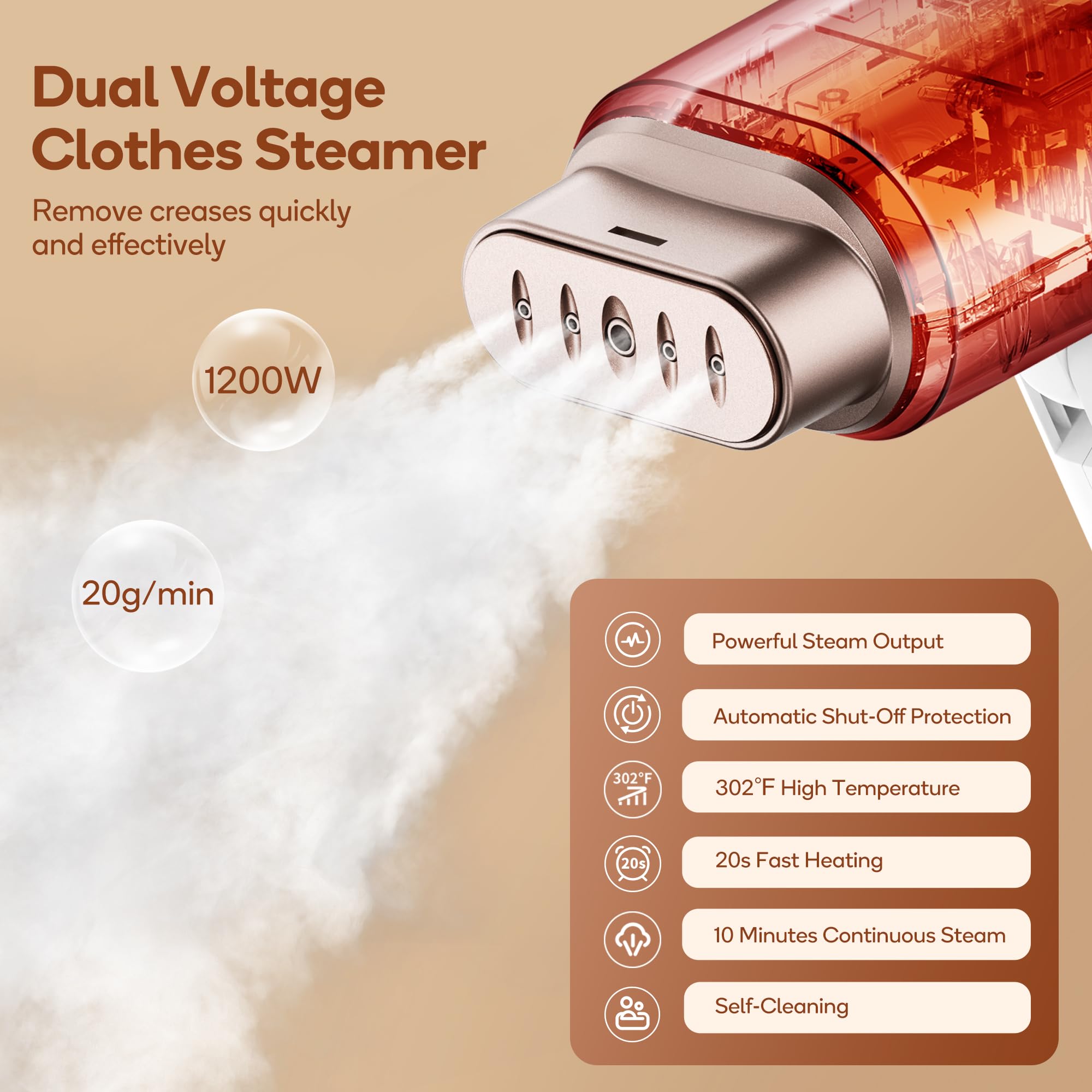 Newbealer Dual Voltage Garment Steamer - 120V/220V, 1200W Powerful Steamer for Clothes, Home & Travel Use, Horizontal & Vertical Steaming, 20s Heat-up, Foldable, 1.72lbs, 180ml (Gold)