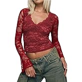 INFITTY Women's Lace Bell Sleeve Crop Tops V-Neck Long Sleeve Shirts Double Lined Slim Fit Blouses Outfits