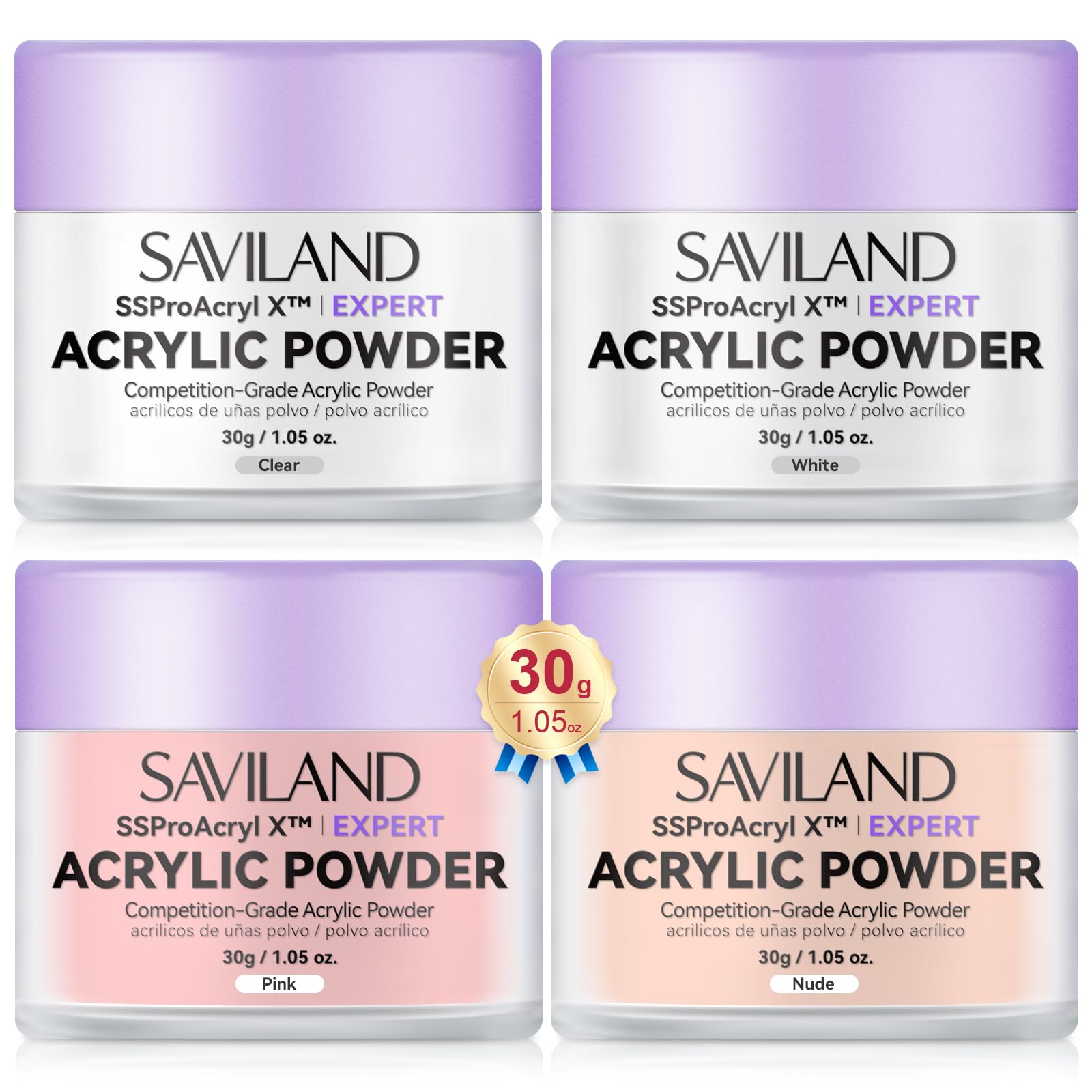 SAVILAND Acrylic Powder Set, 4x30g Clear White Pink Nude Colors, Professional Soak-Off Nail Powder for Extensions, Carving, 3D Nail Art, Salon & DIY Manicure