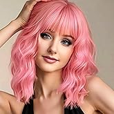 AGO Pink Wigs Short Wavy Hair Pastel Bob Wig with Bangs Shoulder Length Synthetic Hair for Women Girl Colorful Cosplay Wig Synthetic Heat Resistant Fiber for Daily Party Halloween Use(313#Pink)