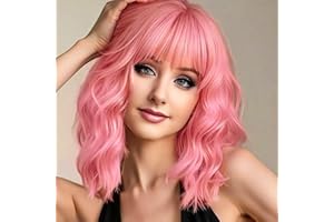 AGO Pink Wigs Short Wavy Hair Pastel Bob Wig with Bangs Shoulder Length Synthetic Hair for Women Girl Colorful Cosplay Wig Synthetic Heat Resistant Fiber for Daily Party Halloween Use(313#Pink)