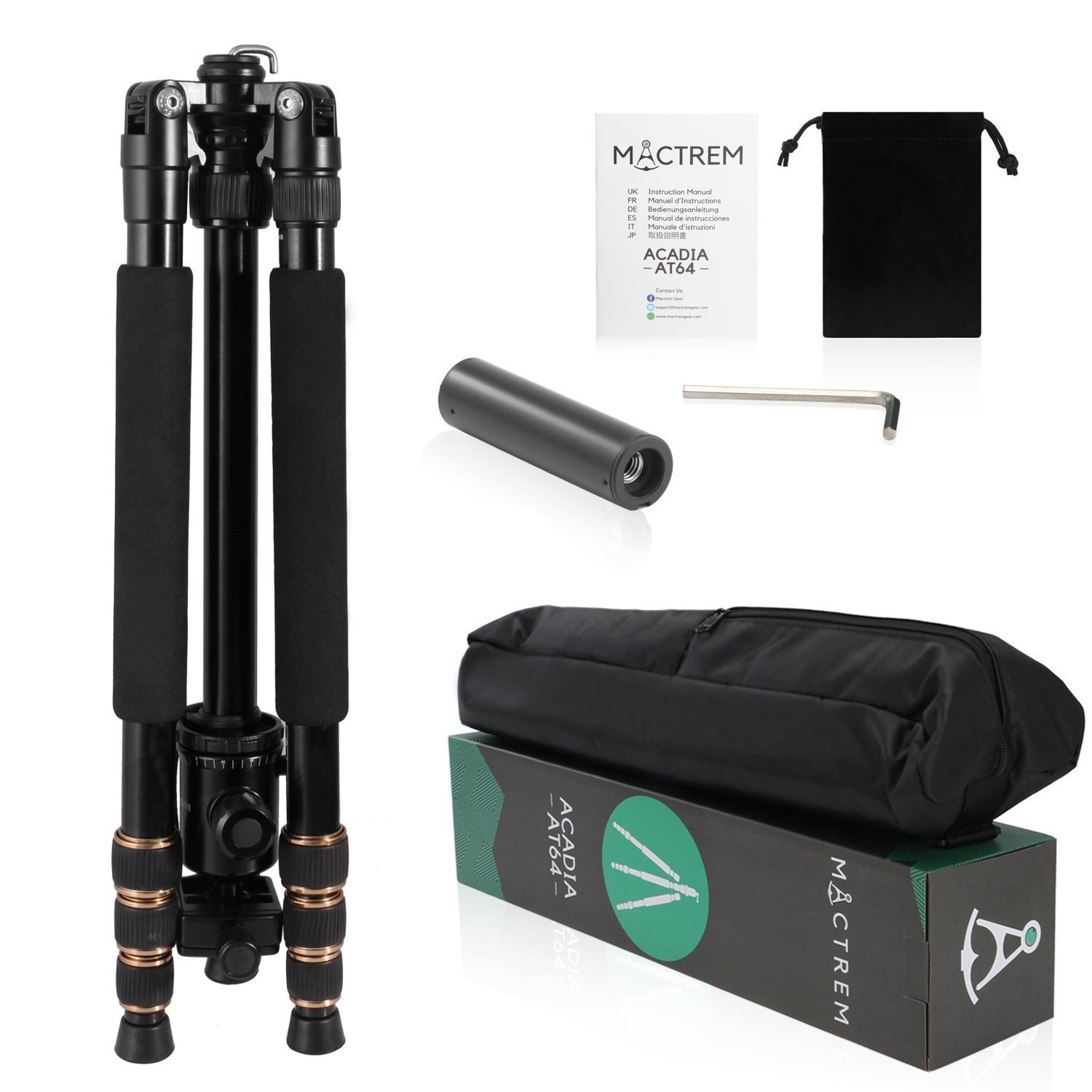 Tragbares Aluminium und Magnesium Kamerastativ Mactrem AT64, 163,8cm (64.5’’), abnehmbares Einbeinstativ, 360 Grad Kugelkopf, 63,5cm (¼’’) Schnellwechselplatte und Tragetasche für Digital/Video/Spiegelreflex Kameras – 15kg (33lbs) maximale 