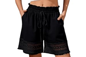 Boho Shorts for Womens High Elastic Waist Lounge Shorts Lace Trim Summer Beach Vacation Ruffle Short Pants with Pocket