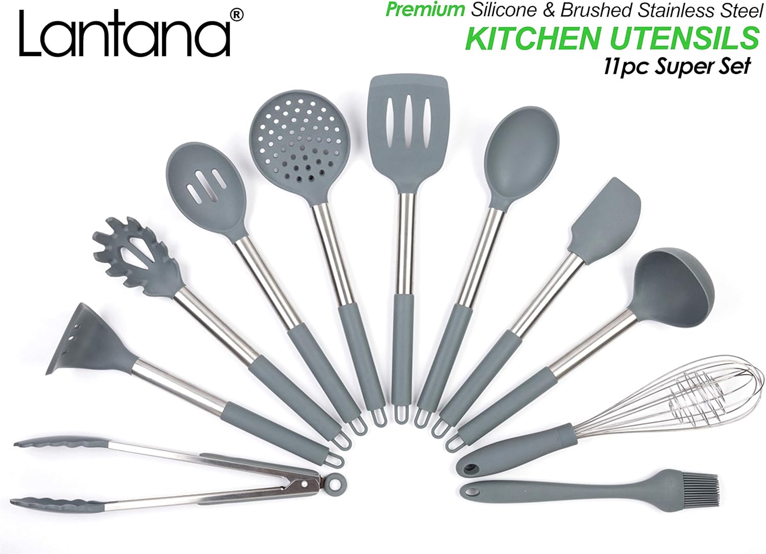 Lantana Premium 11pc Silicone Kitchen Utensil Set for Cooking and Baking in Sleek Grey and Brushed Stainless Steel. Includes; Tongs - Image 3