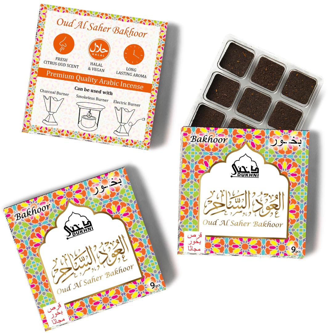 Oud Al Saher Bakhoor by Dukhni | Gift for muslim men & women for Ramadan & Eid | 30 pc arabic oudh bakhour Incense, rich aroma | Fresh citrus Oud Scent | Burn on charcoal, electric or candle burner