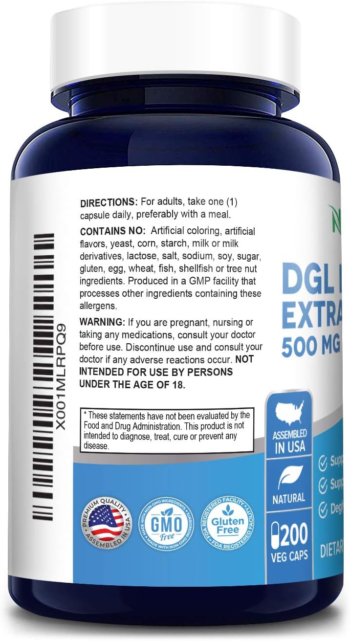 DGL Licorice Extract 500 mg 200 Veggie Capsules (Vegan,Non-GMO & Gluten-Free) - Supports Healthy Digestive & Respiratory Functions*: Health & Personal Care