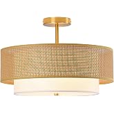 Lornwick 18 inch Bohemian Wicker Flush Mount Ceiling Light | Semi-Flush Hand-Woven Drum Gold Fixture for Bedroom, Living Room, Dining Room, Hallway &amp; Kitchen