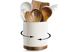getstar 360° Rotating Kitchen Utensil Holder, Large Ceramic Cooking Utensil Holder for Kitchen Counter with Rotatable and Detachable Wooden Base