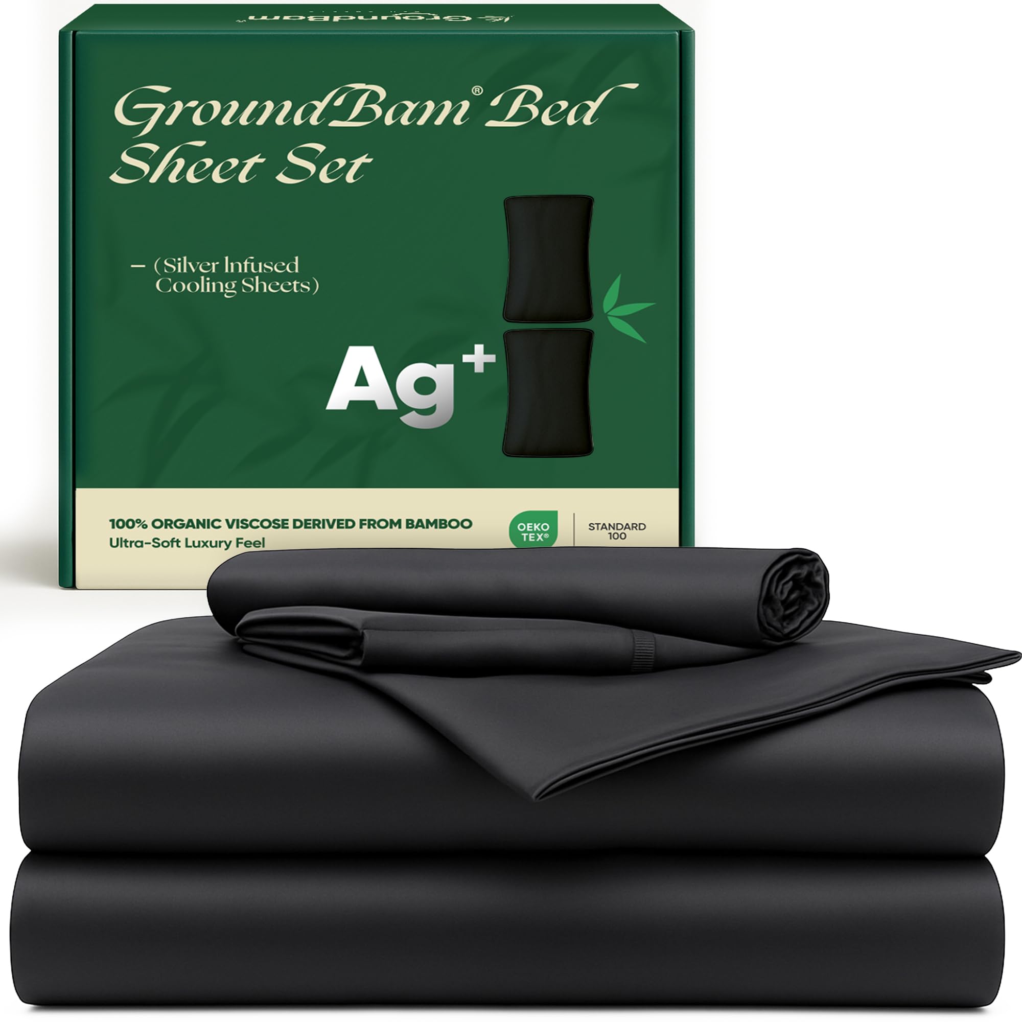 GroundBam Silver Infused Bed Sheets Set, Temperature-Regulating Fabric with Self-Cleaning Technology for 3X Freshness Sleep (Black, Queen)