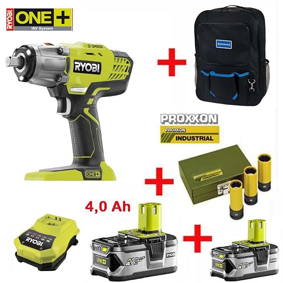 RYOBI 18V ONE+ Akku-Schlagschrauber R18IW3-0 Set mit 3 Schaltstufen - inklusive 2 Stück 4,0 Ah Lithium-Ionen-Akkus, Ladegerät